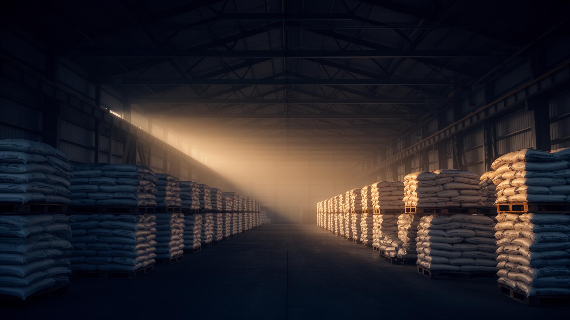Long interior of an export warehouse with palletised commodity sacks