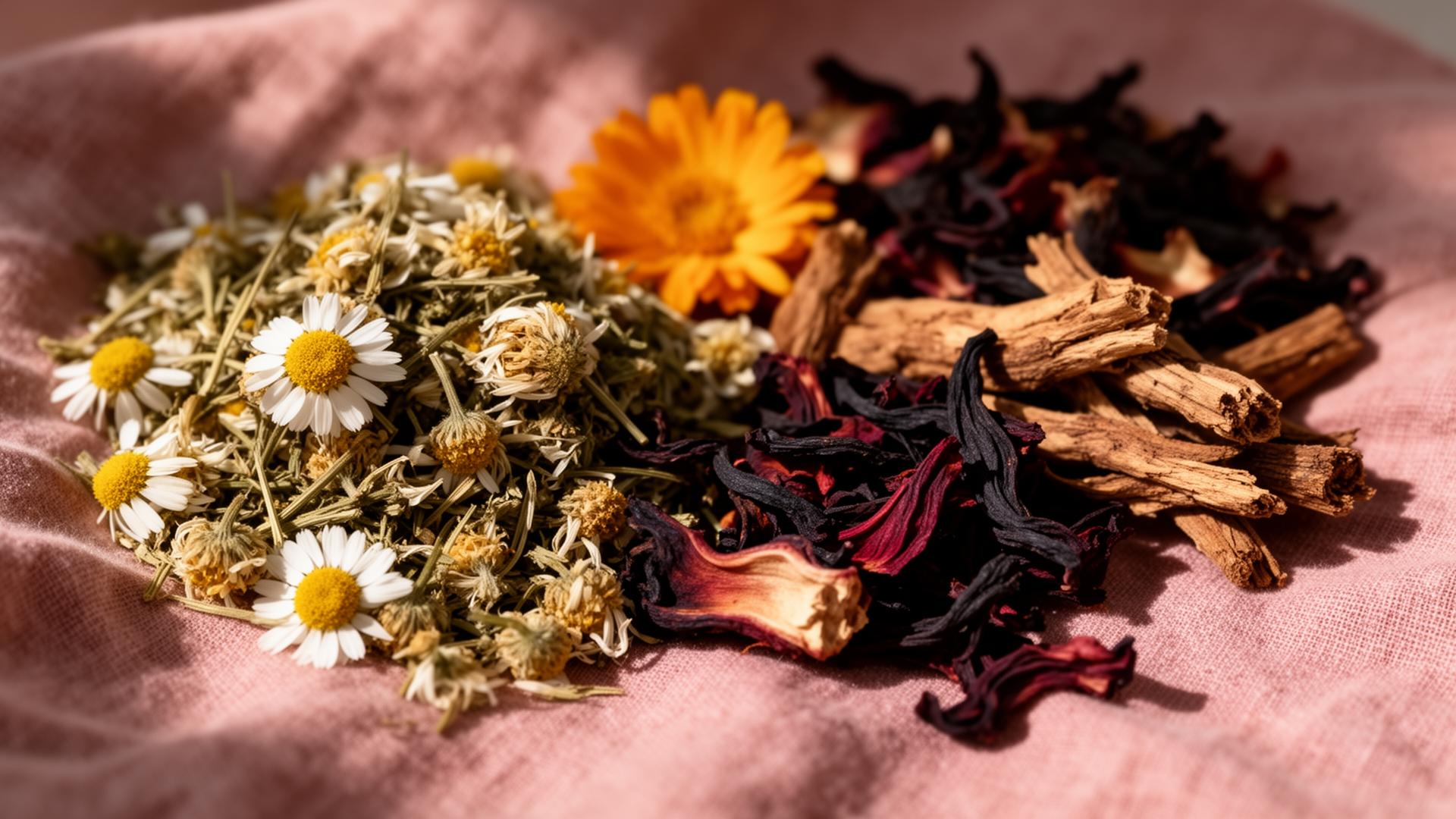 Dried chamomile, calendula and hibiscus on linen