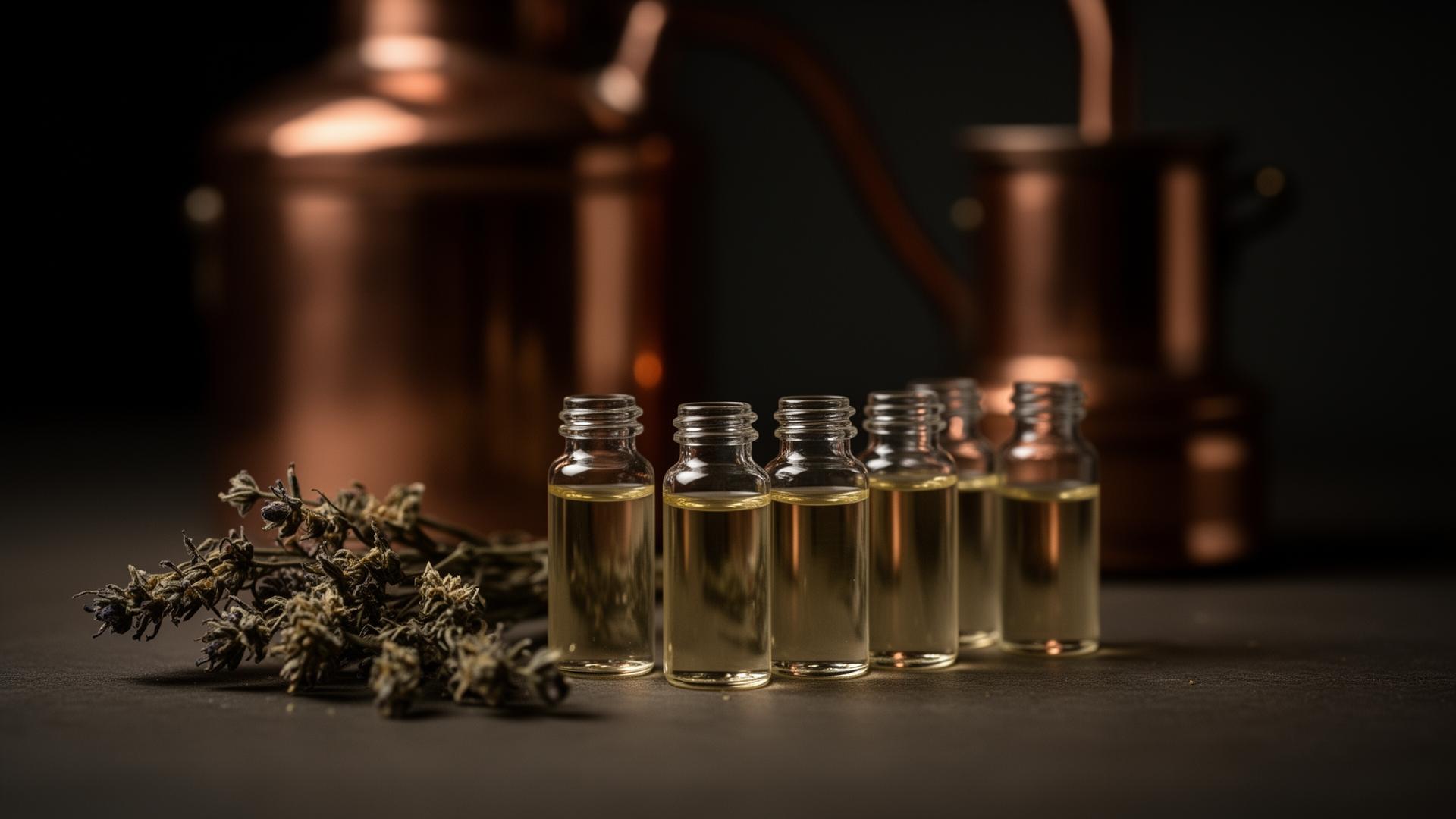 Glass vials of essential oil with copper distillation apparatus