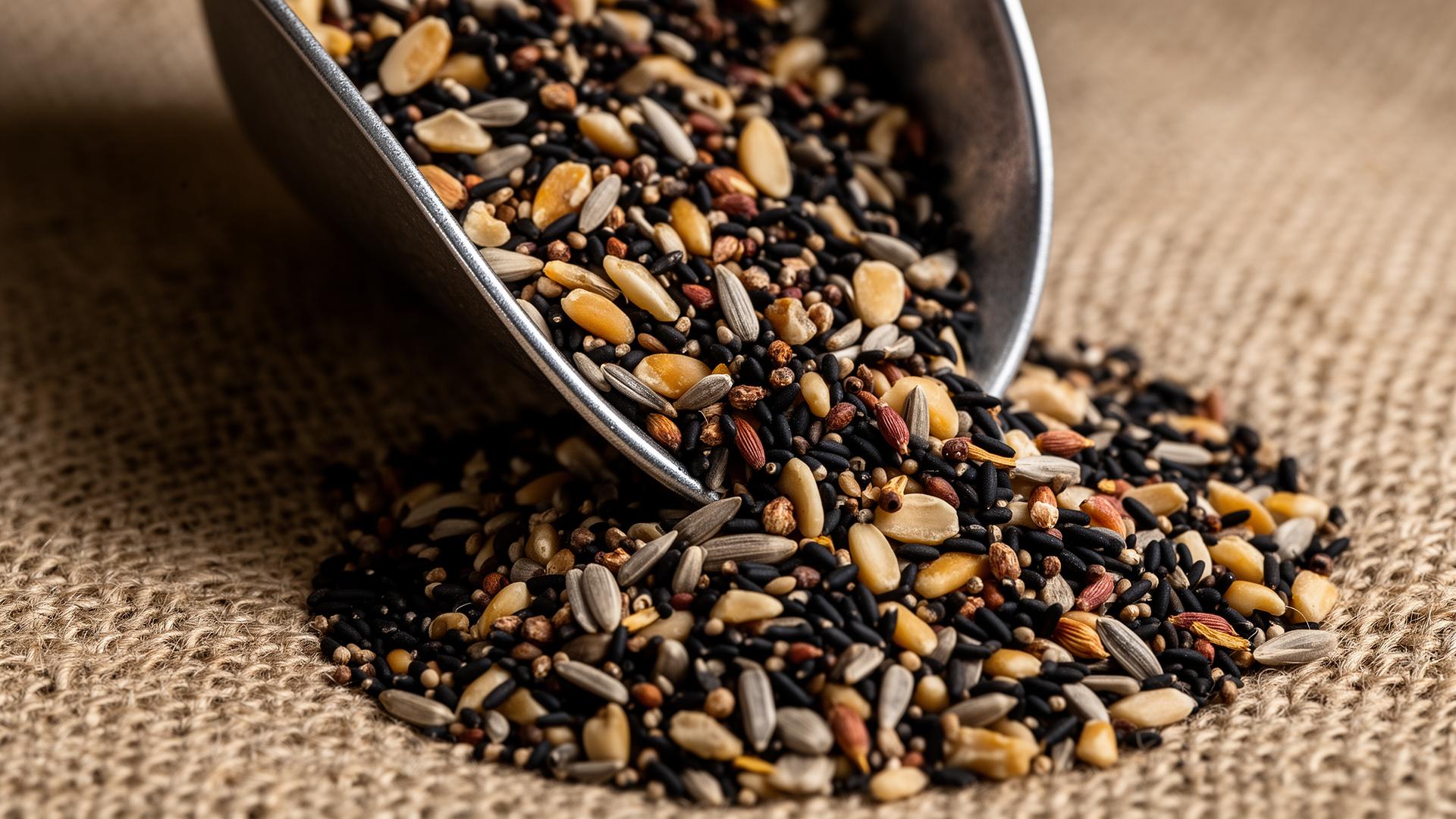 Mixed oilseeds in a metal scoop on burlap
