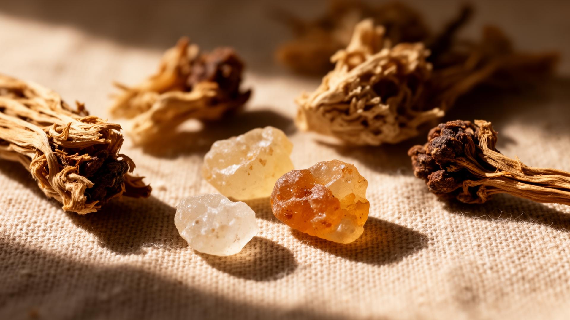 Frankincense resin pieces and dried botanicals on linen