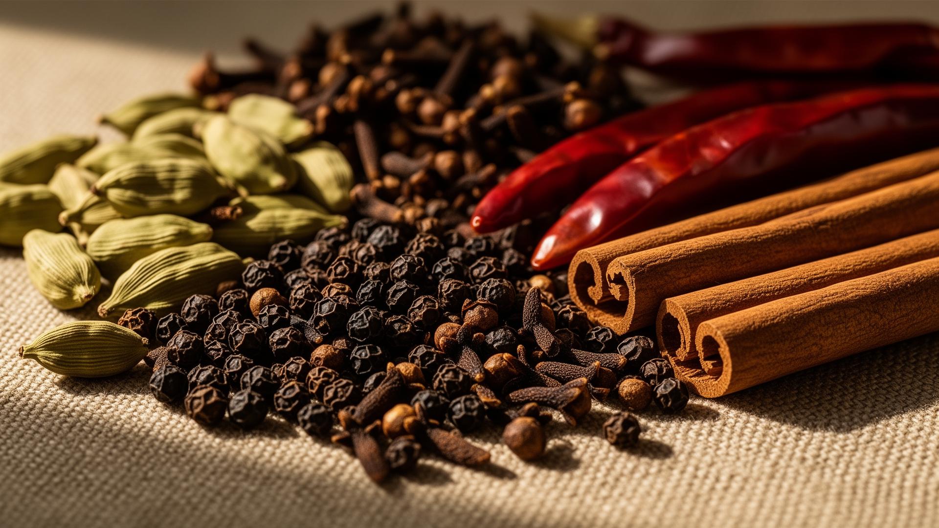 Cardamom, cloves, peppercorns and cinnamon arranged on linen