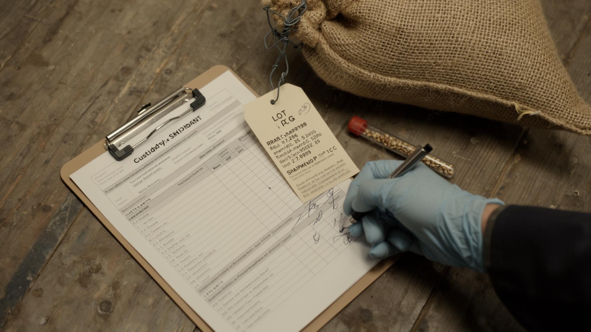 Lot documentation and chain-of-custody record beside a jute commodity sack