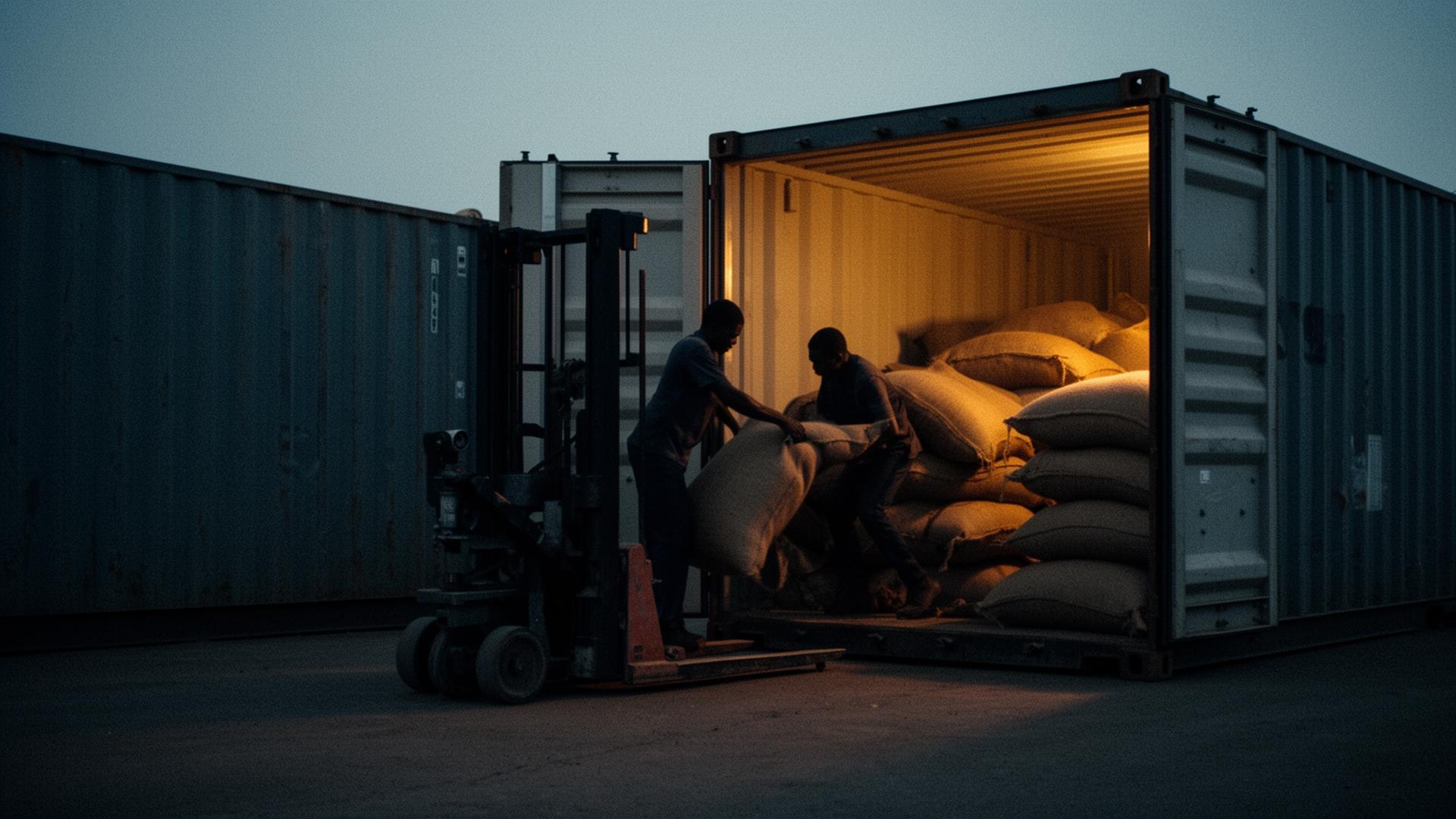 Workers loading commodity sacks into a shipping container at dusk