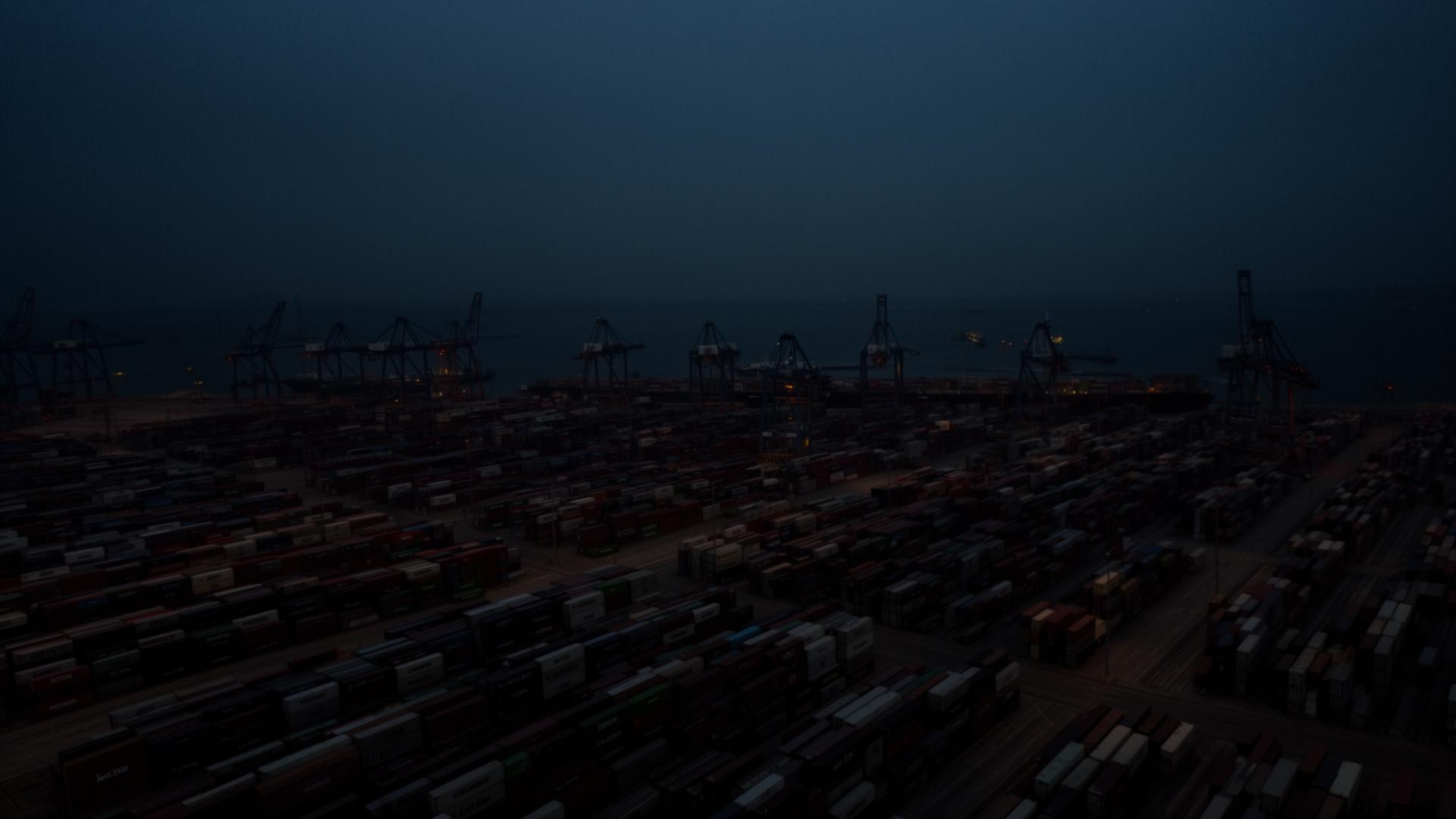 Container port at dusk