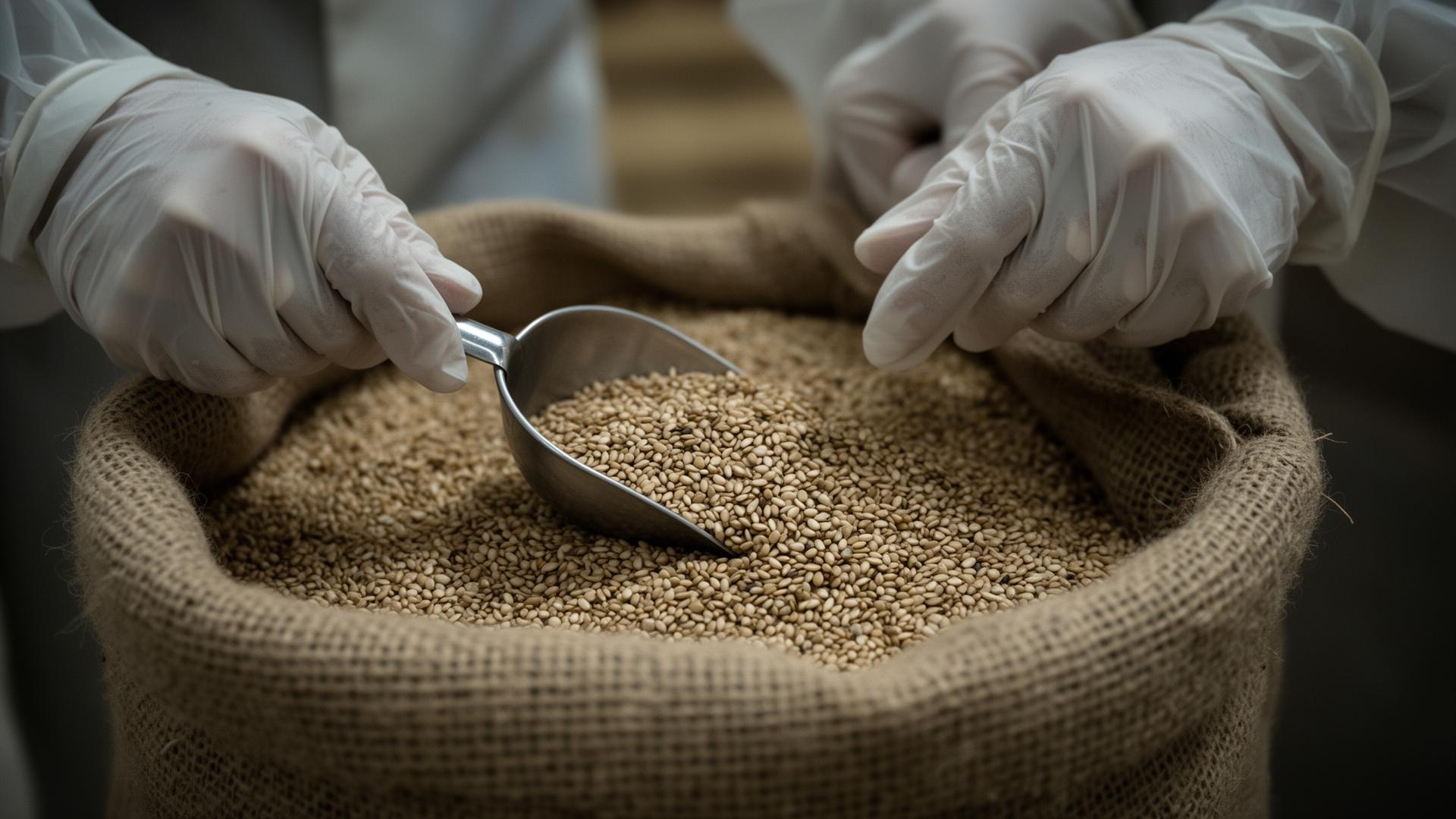 Gloved sampling of sesame seeds from a jute sack